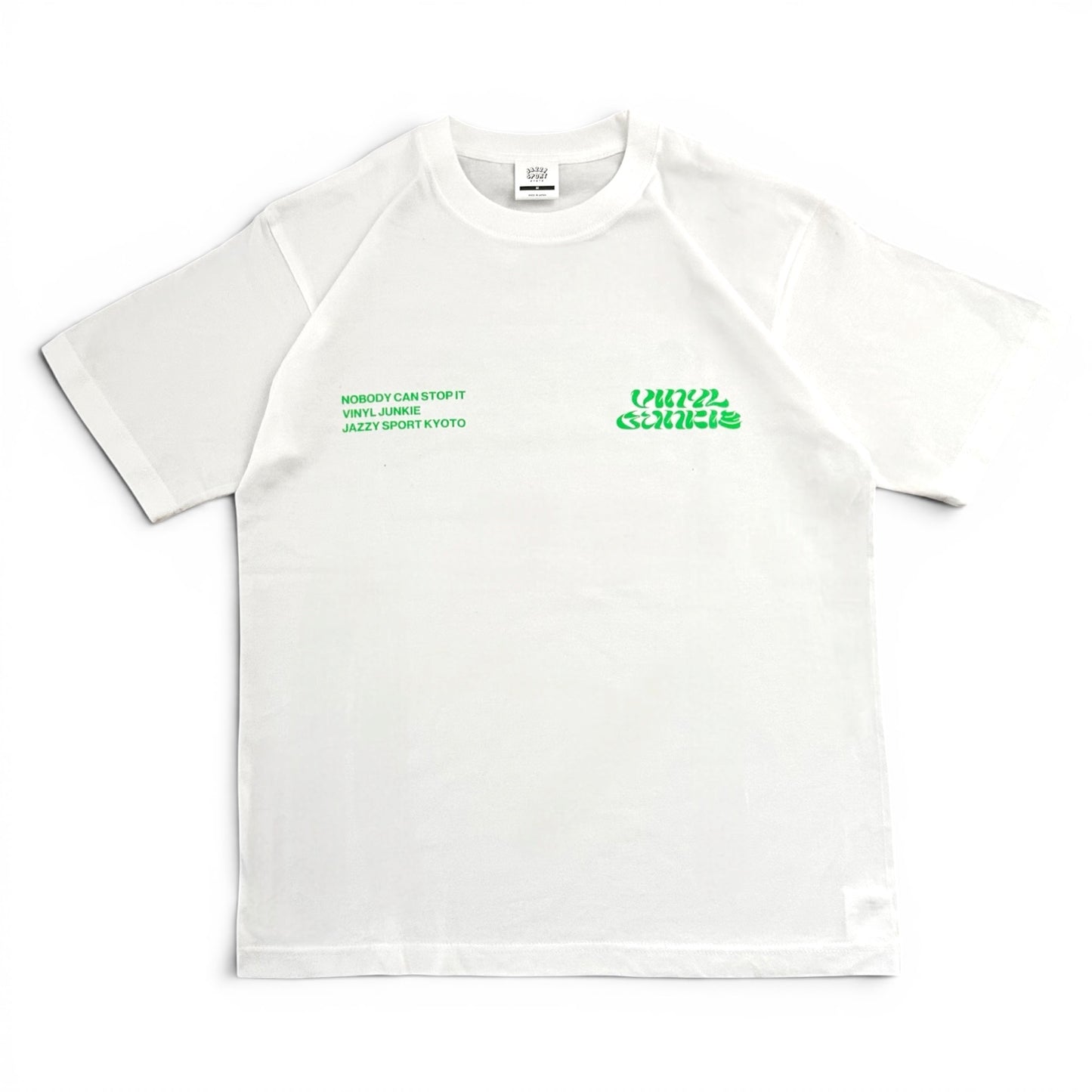 【NEW】Vinyl Junkie Tシャツ ／ ホワイト x 蛍光グリーン