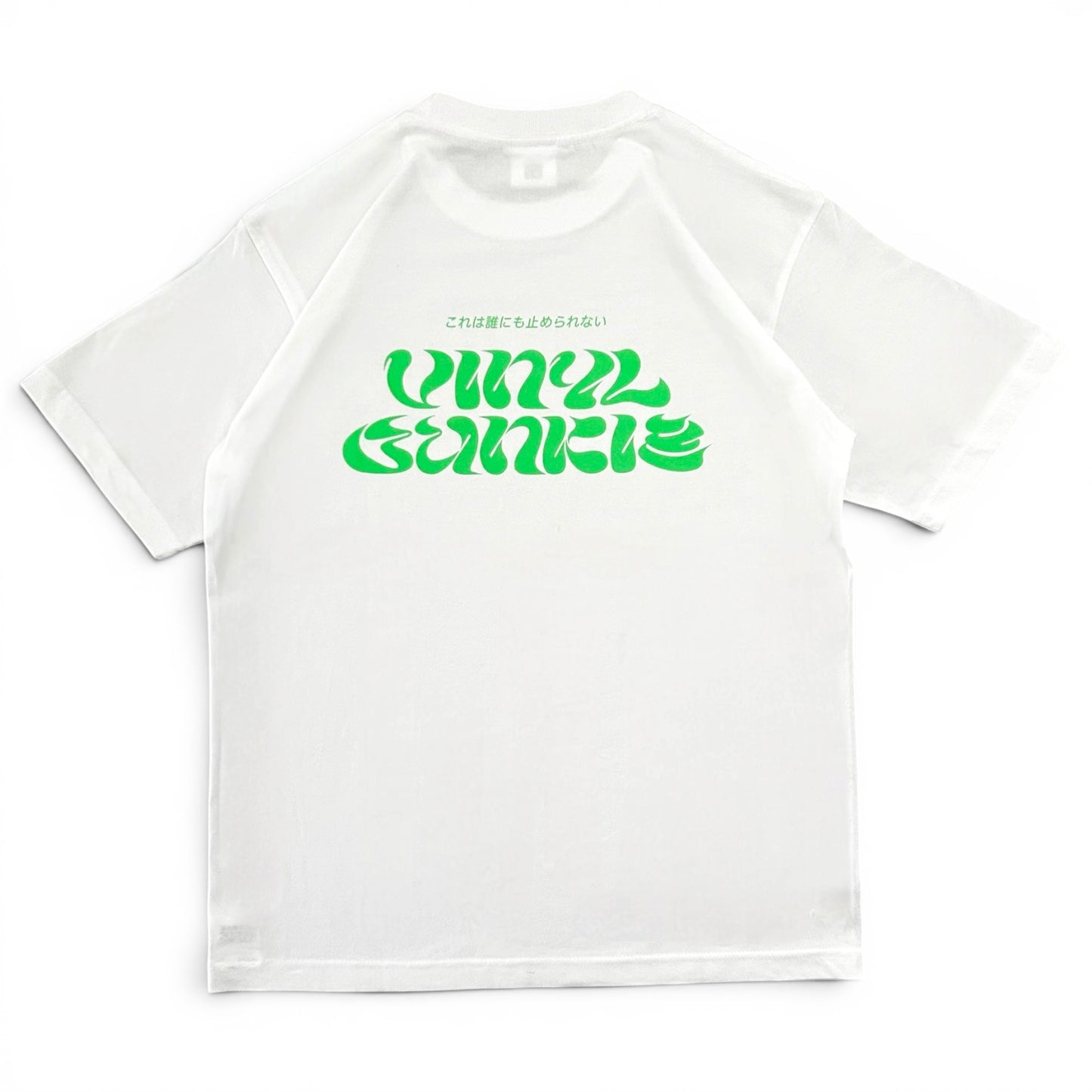 【NEW】Vinyl Junkie Tシャツ ／ ホワイト x 蛍光グリーン